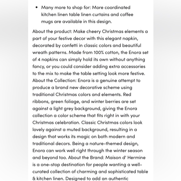 NWT Maison d' Hermine Enora Holiday Napkins Set of Four - Picture 7 of 7